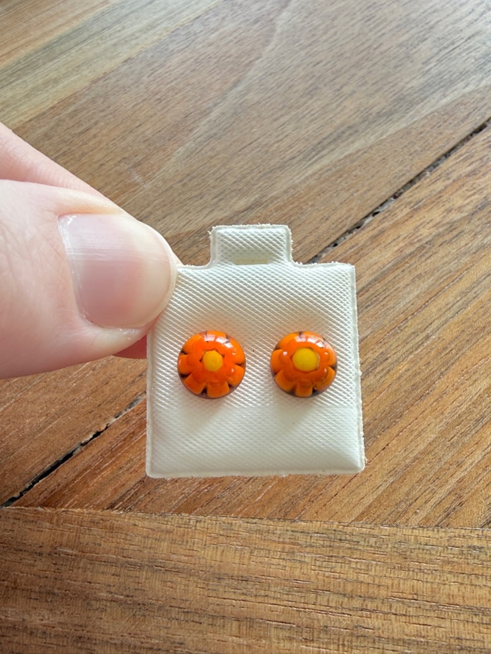 Vintage Y2K Millefiori Glass Stud Earrings Orange Yellow Floral Small Round NWT - Picture 3 of 4